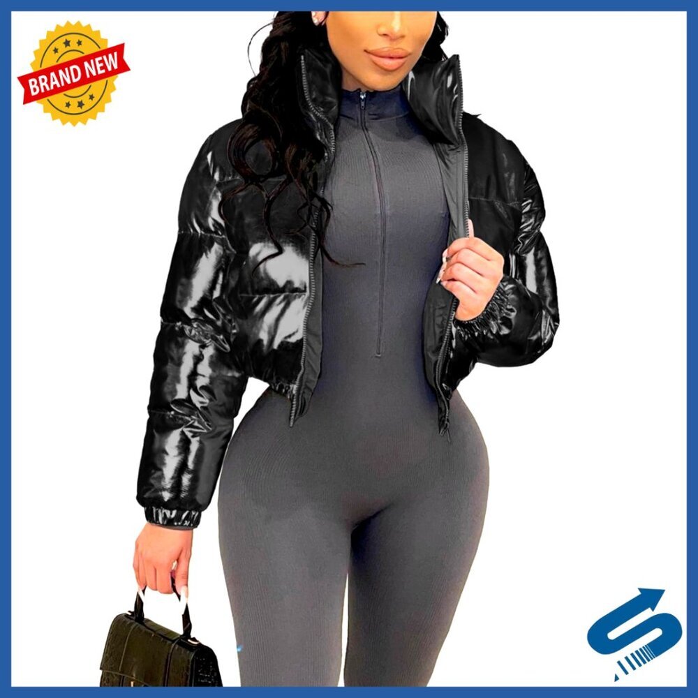 Cropped Quilted Puffer Jacket Metallic Shiny Zip Up Winter Coat